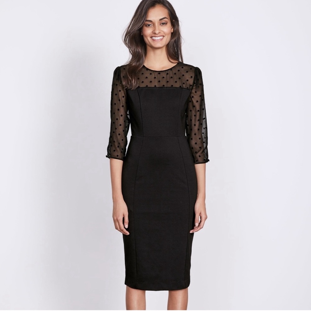 BODEN black isabella ponte polka dot sheer mesh dress
